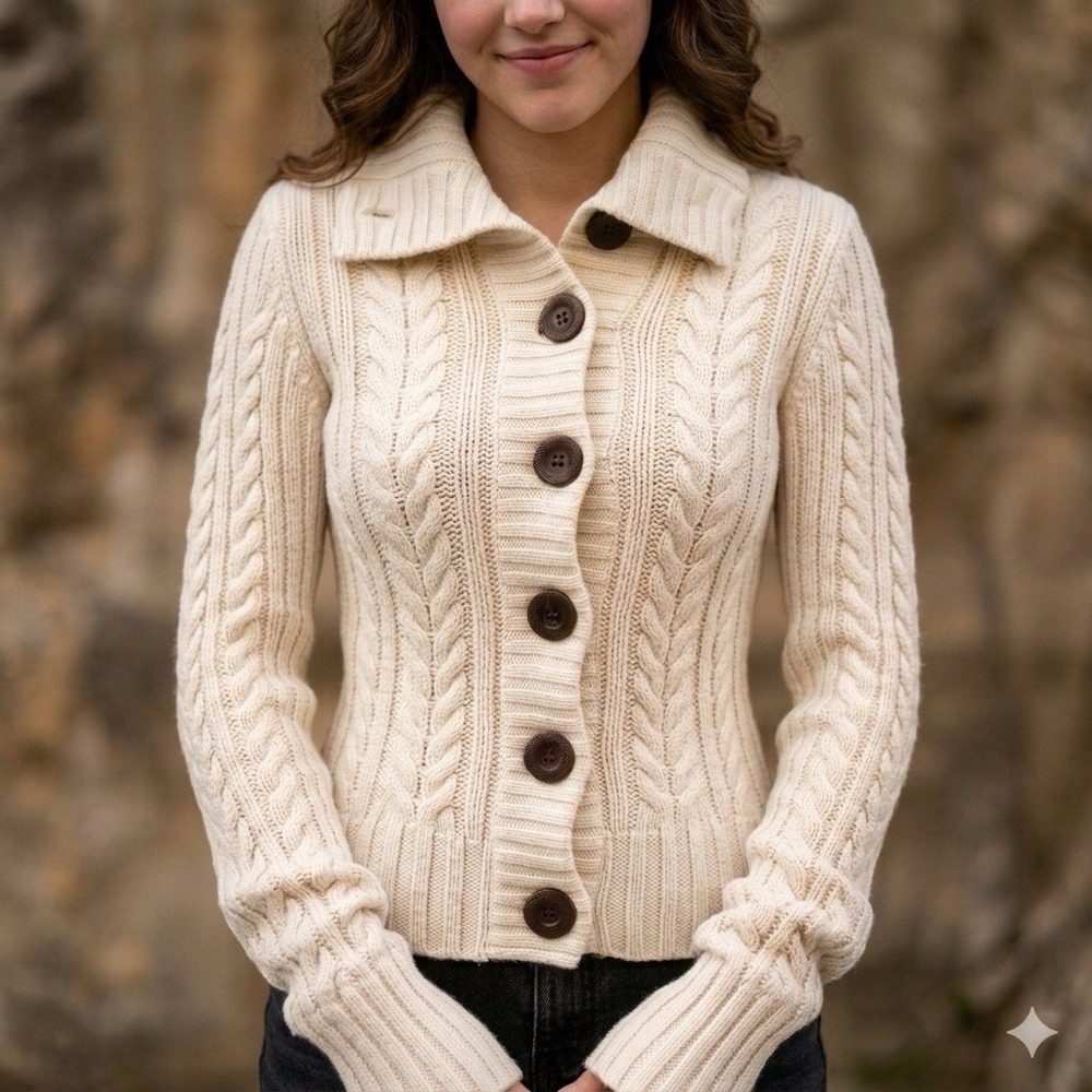Y2K Abercrombie Fitch Wool Cashmere Cable Knit Sweater Cream See Measurements